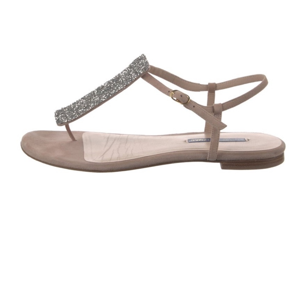 Stuart Weitzman Tan and Silver Sandals with T-Strap Design